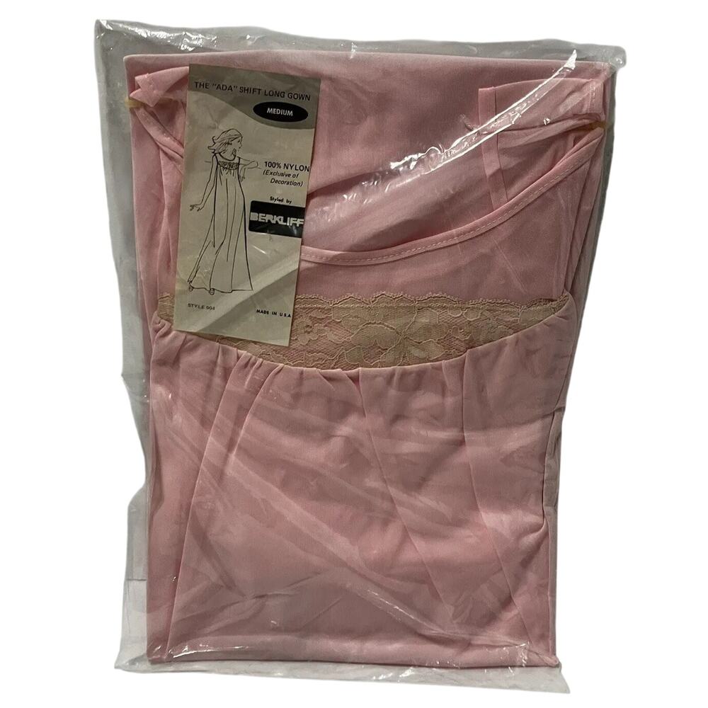 Pink Shift Nightgown Berkliff All Nylon Lace 1960s Dress Pajama Vintage NEW